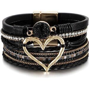 Boho Leather Wrap Bracelet with Pearl & Crystal Layers